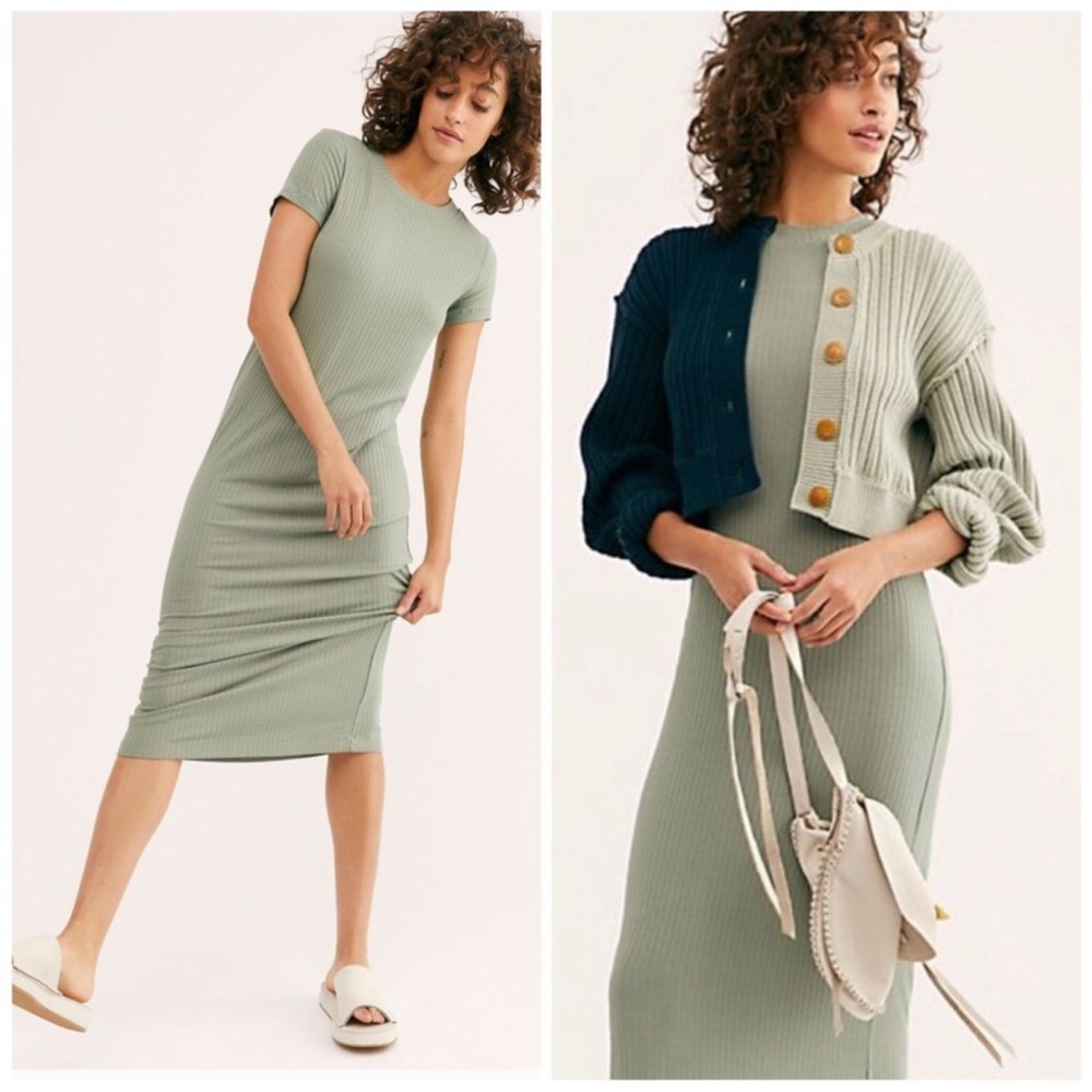 NWT Free People FP Beach Simone Ribbed Tee Dress Olive Sage